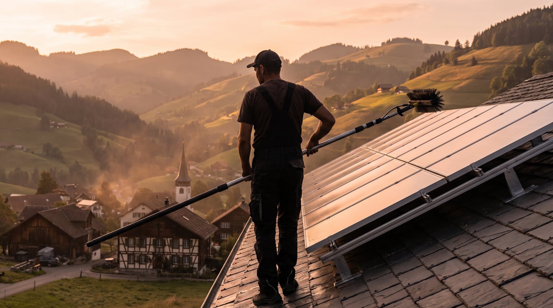 Erich Garone auf einem Schweizer Dach im Abendlicht neben frisch gereinigten Solarpanels