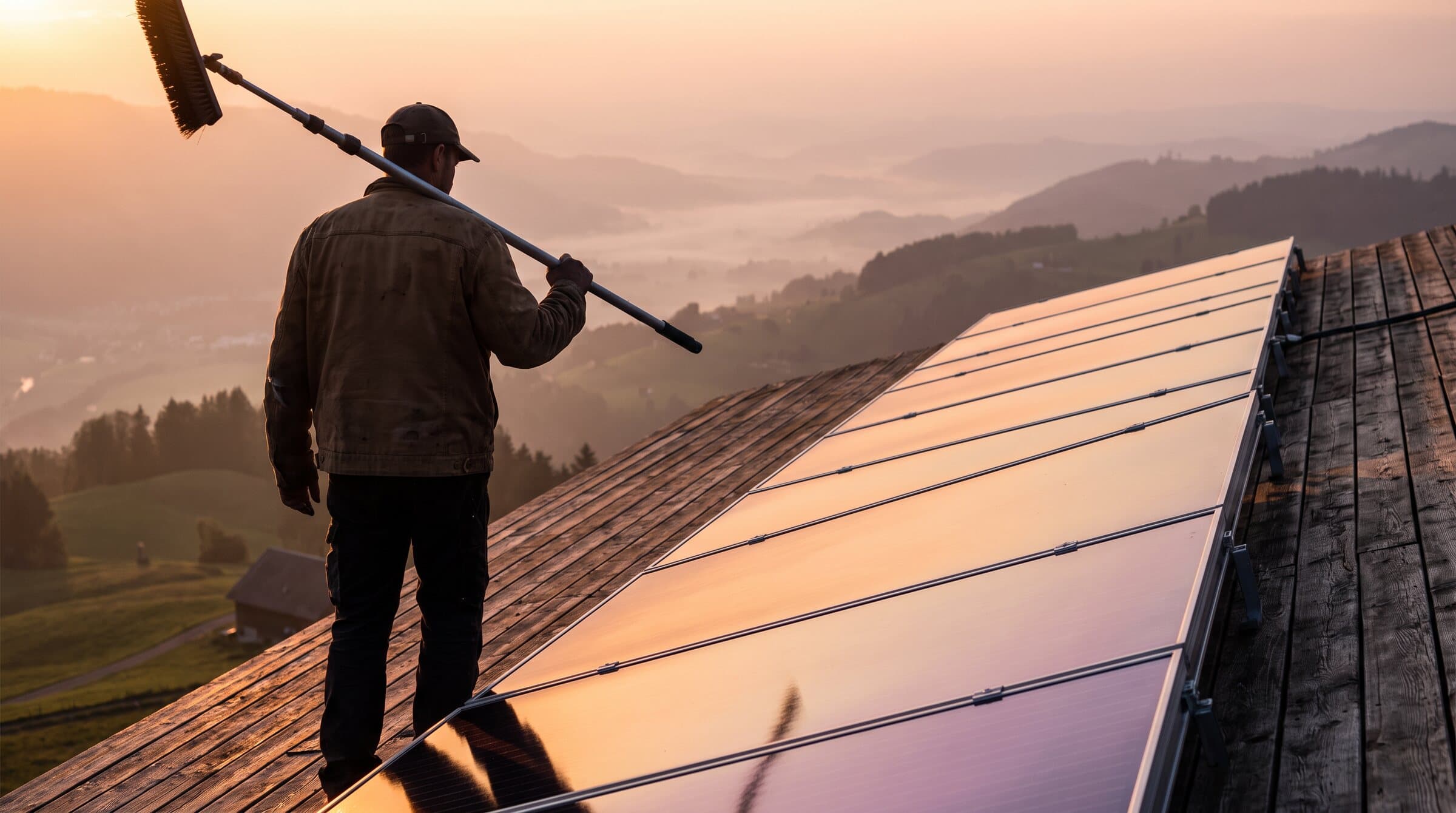 Erich Garone im Abendlicht auf einem Dach neben gereinigten Solarpanels